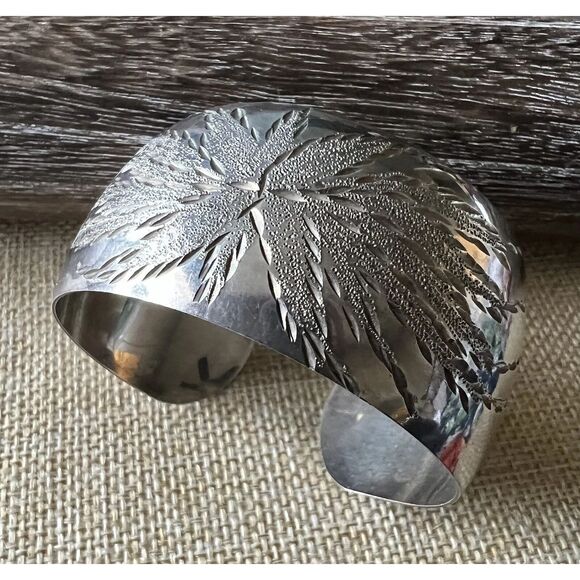 Cuff Etched Wide Silver Tone Adjustable Bracelet - Picture 1 of 8